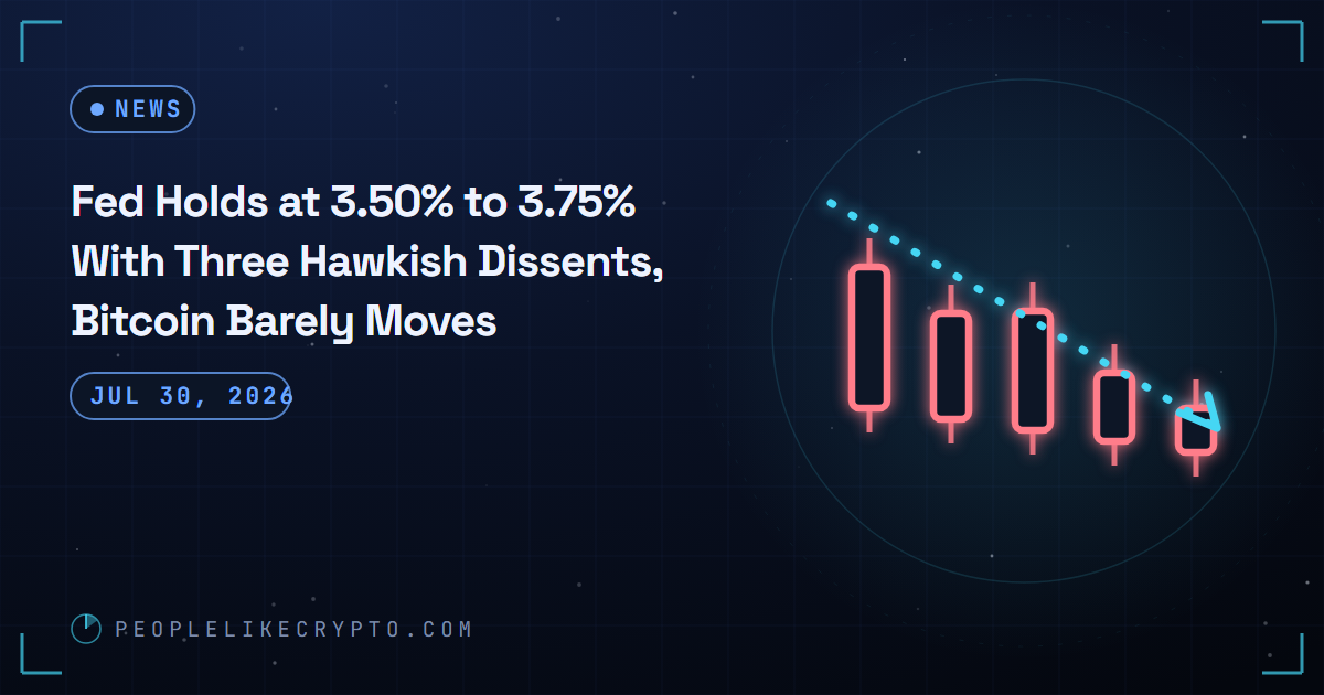 A marble central bank building holding a pause symbol while three small arrows point upward beside a flat bitcoin chart