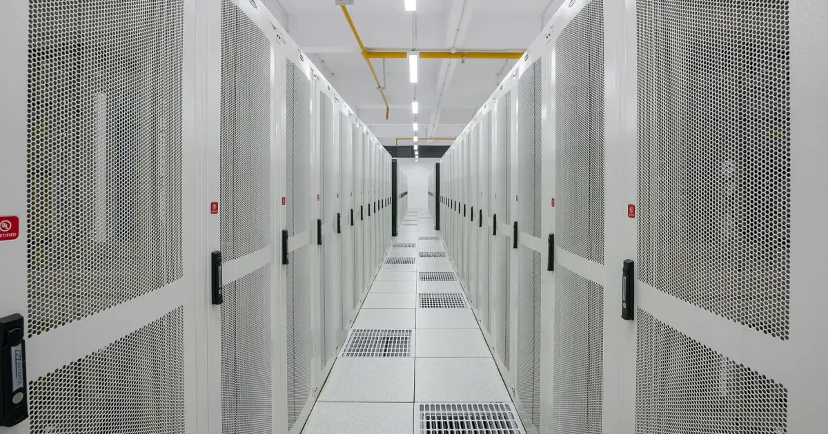 Rows of server racks in a data center