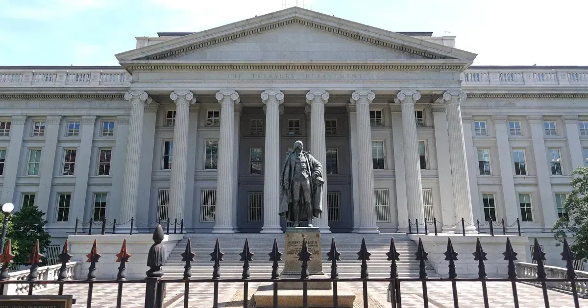 The north side of the United States Treasury Department building