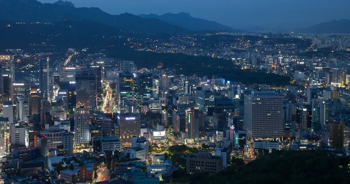 The Seoul skyline at dusk, seen from Namsan